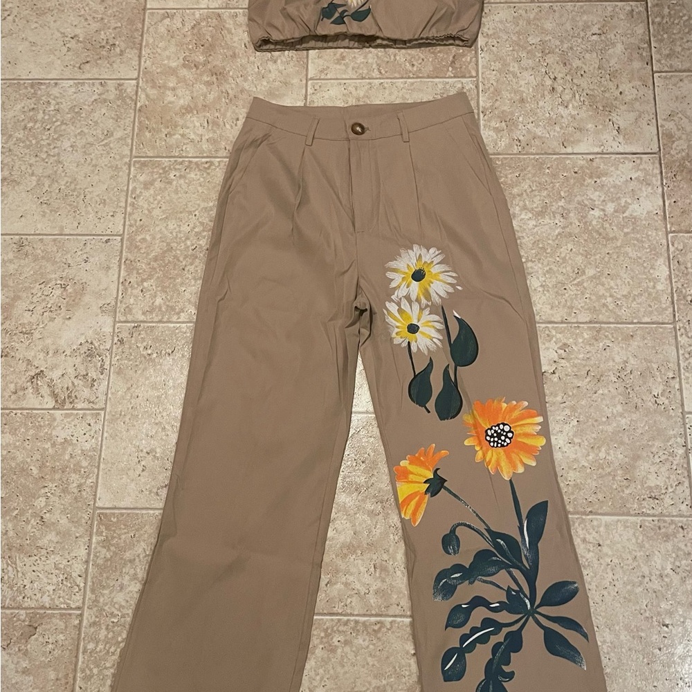 Floral Tan Women's Bandeau top & Pants set